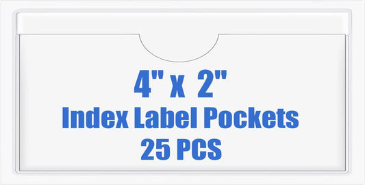 Origin-Joy 25 PCS Self-Adhesive Index Label Pockets, Clear Plastic Peel & Stick Card Holders with Top Open for Loading (4 x 2 inch)