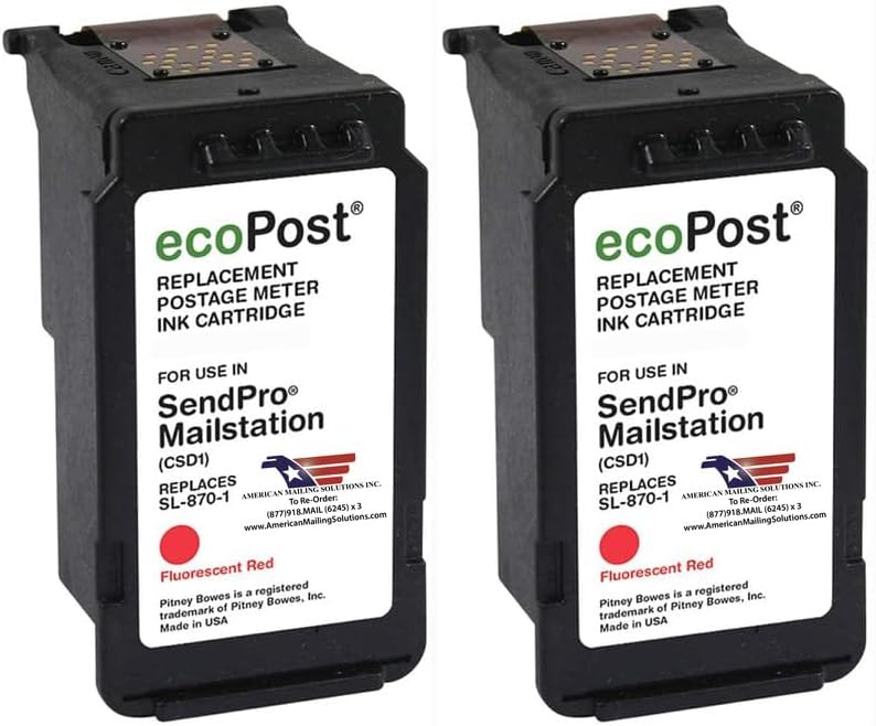 AMERICAN MAILING SOLUTIONS INC. | 2-Pack | ecoPost Remanufactured Postage Meter Ink Cartridge for PB SL-870-1 | Red | for The SendPro Mailstation | 8 ML