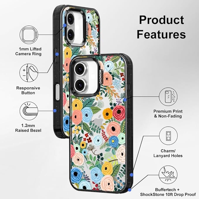 MOSNOVO Case for iPhone 16, [10ft 4X Military-Grade Drop Protection] Durable & Shockproof Phone Case Cover Design for iPhone 16 - Pastel Floral Garden - Clear Black
