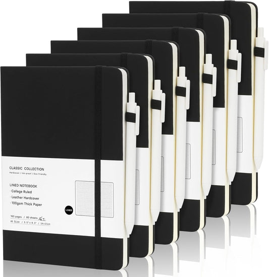 Coopay 6 Pack A5 Journal Notebook with 6 White Pens Bulk Classic Ruled Hardcover Leather Journal Set with Pen Holder for Men Women Writing Office Home School Business, 100GSM, 8.3” x 5.5” (Black)
