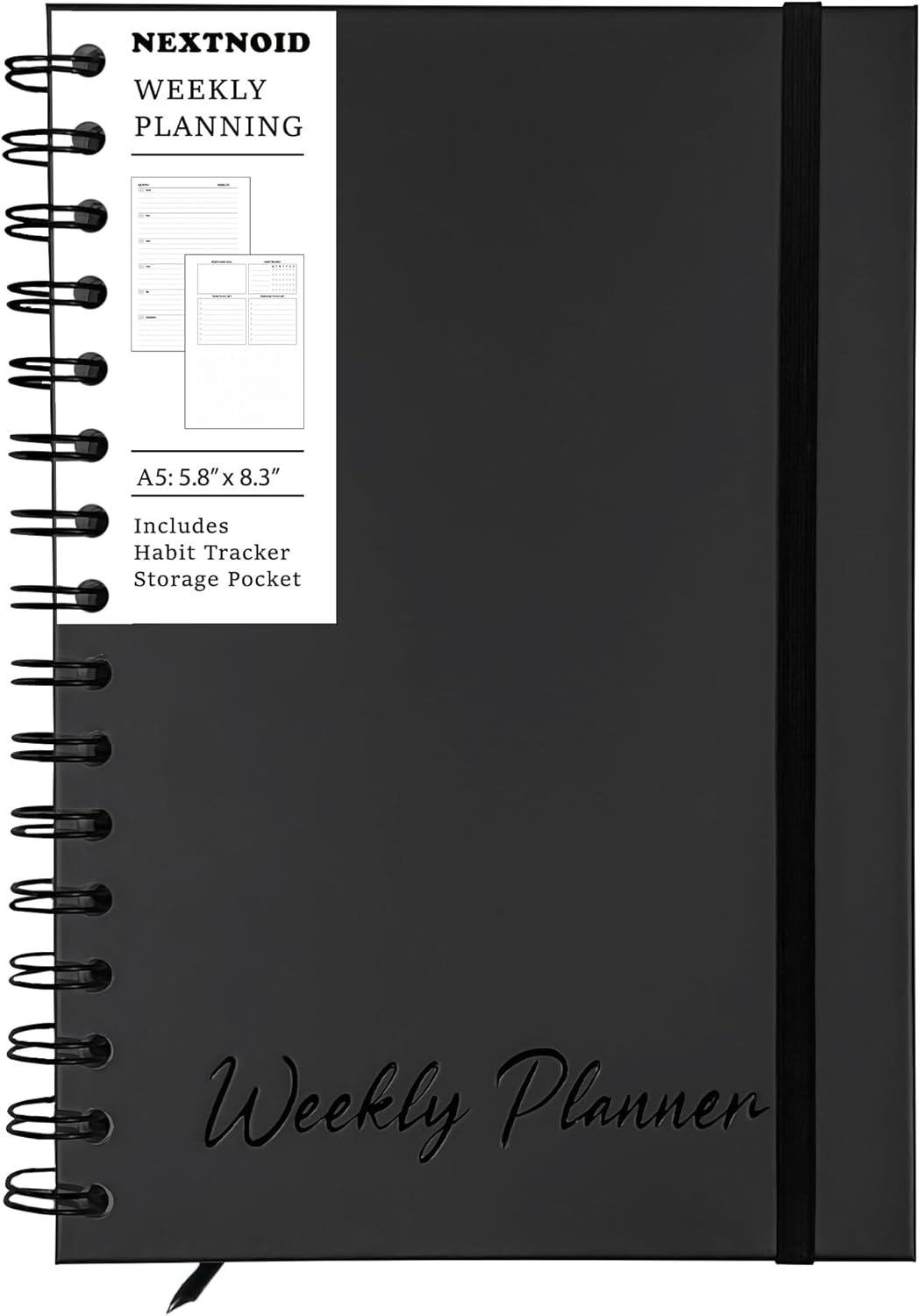 Undated Weekly Planner Notebook, A5 (5.8" x 8.3") Hardcover Weekly to do List Notebook for Work with Goal & Habit Tracker - Spiral Black