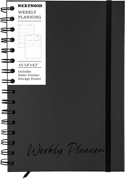 Undated Weekly Planner Notebook, A5 (5.8" x 8.3") Hardcover Weekly to do List Notebook for Work with Goal & Habit Tracker - Spiral Black