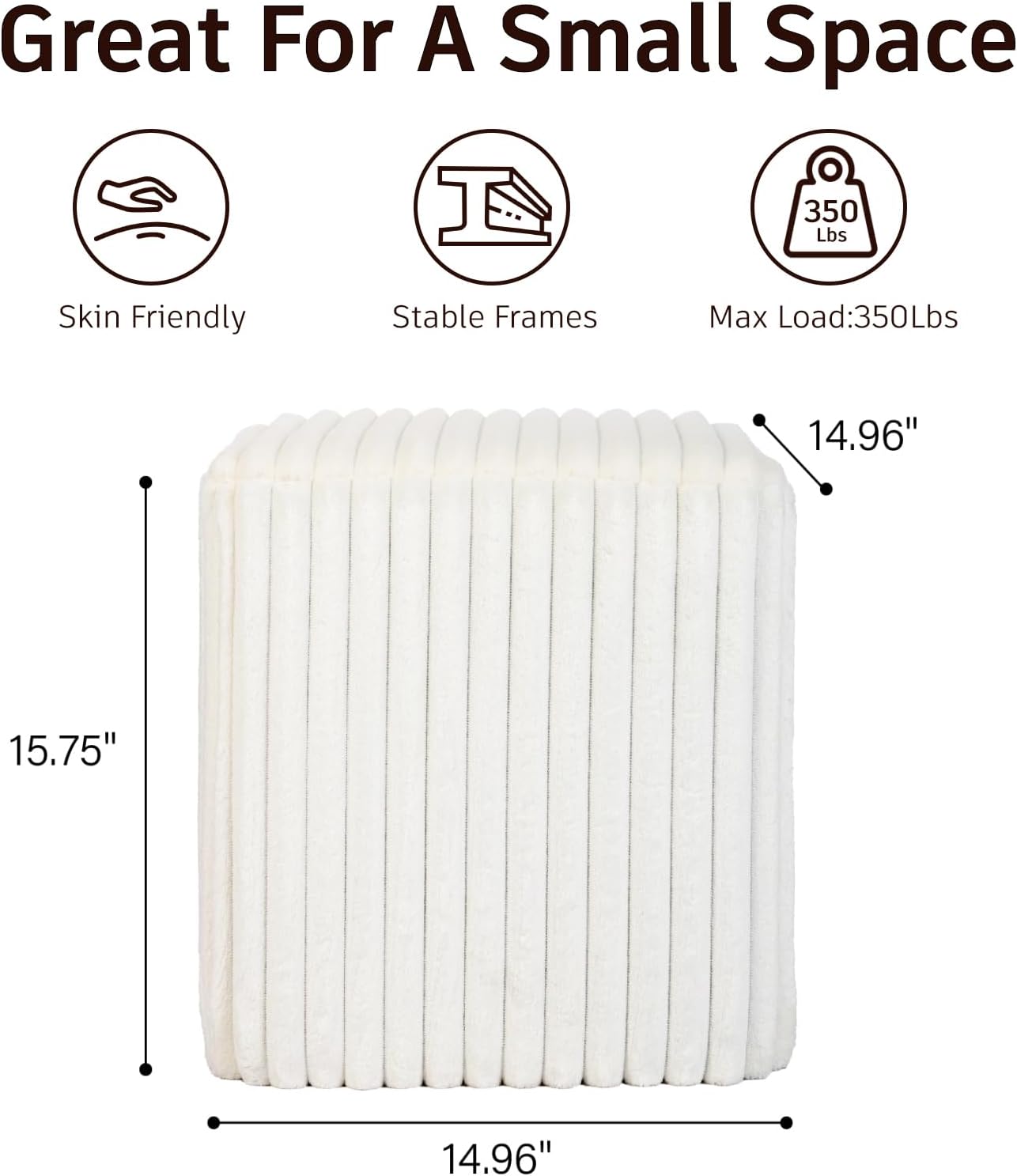 Modern Square Ottoman, Vertical Channel Tufted Foot Stool Ottoman, Velvet Upholstered Vanity Stool for Makeup, Bedroom, Living Room, White