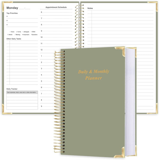 Undated Daily Monthly Planner for 2025 2026 - A5 To Do List with Hourly Schedule, Hardcover Spiral Bound Daily Planner to Increase Focus, Stylish School/Office Supplies, 5.8" x 8.5", Green