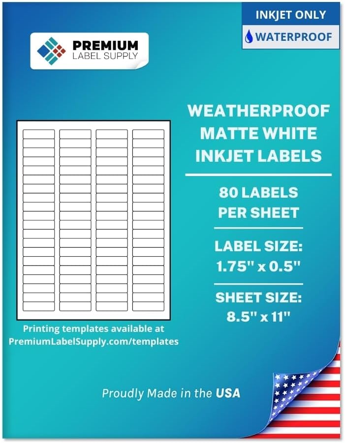 Premium Label Supply Waterproof White Return Address Sticker Labels – 1.75" x 0.5" – Inkjet Printers Only – (80 per Sheet), 100 Sheets - 8,000 Total Adhesive Labels