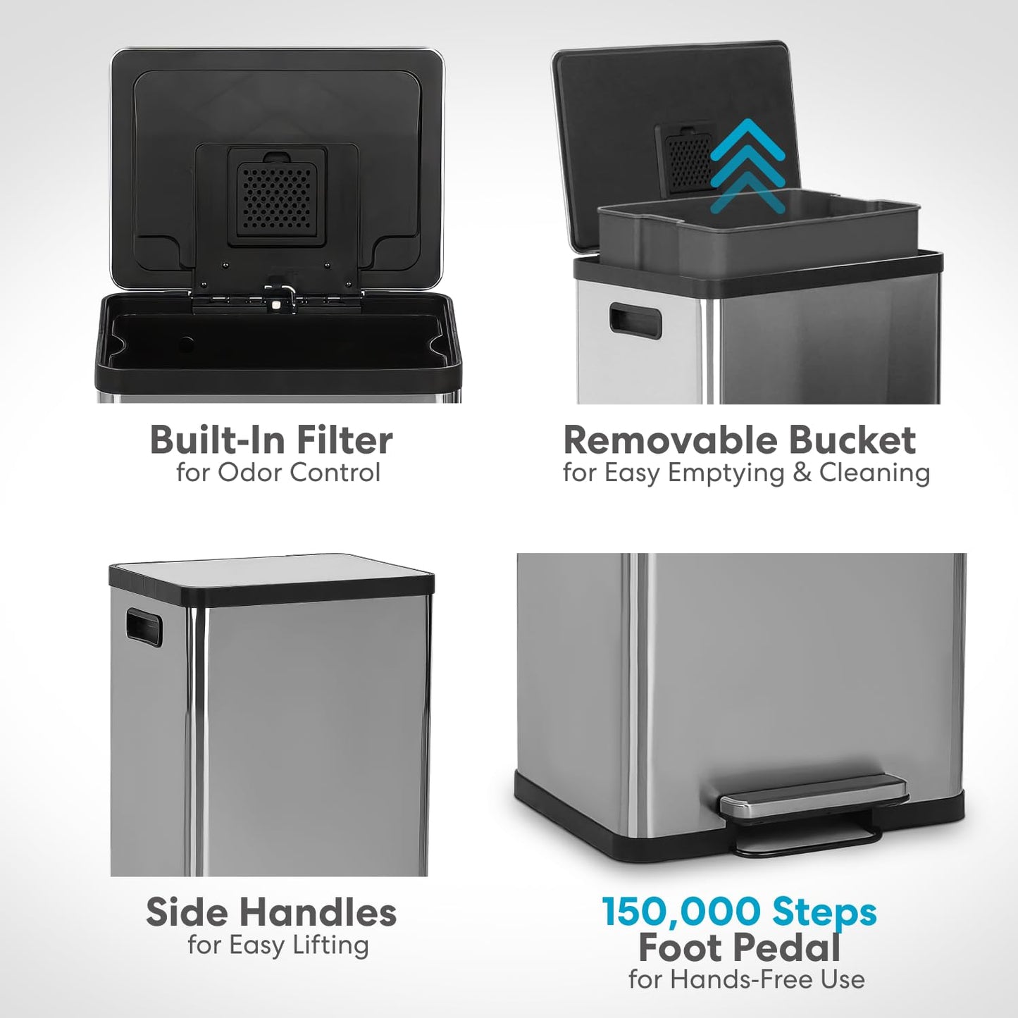 SIMPLI-MAGIC 50 Liter / 13.2 Gallon Soft-Close, Smudge Resistant Trash Can with Foot Pedal and Built in Filter- Stainless Steel, Sleek Finish