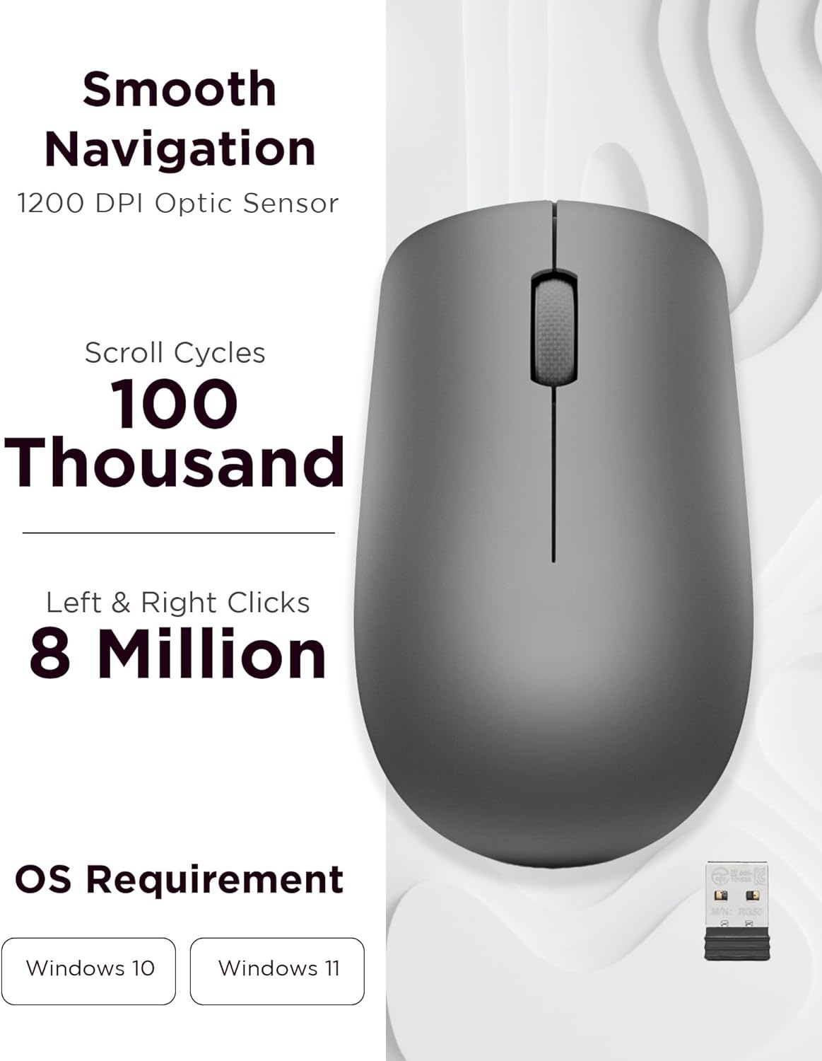 Lenovo 530 Full Size Wireless Computer Mouse for PC, Laptop, Computer with Windows - 2.4 GHz Nano USB Receiver - Ambidextrous Design - 12 Months Battery Life - Graphite Grey
