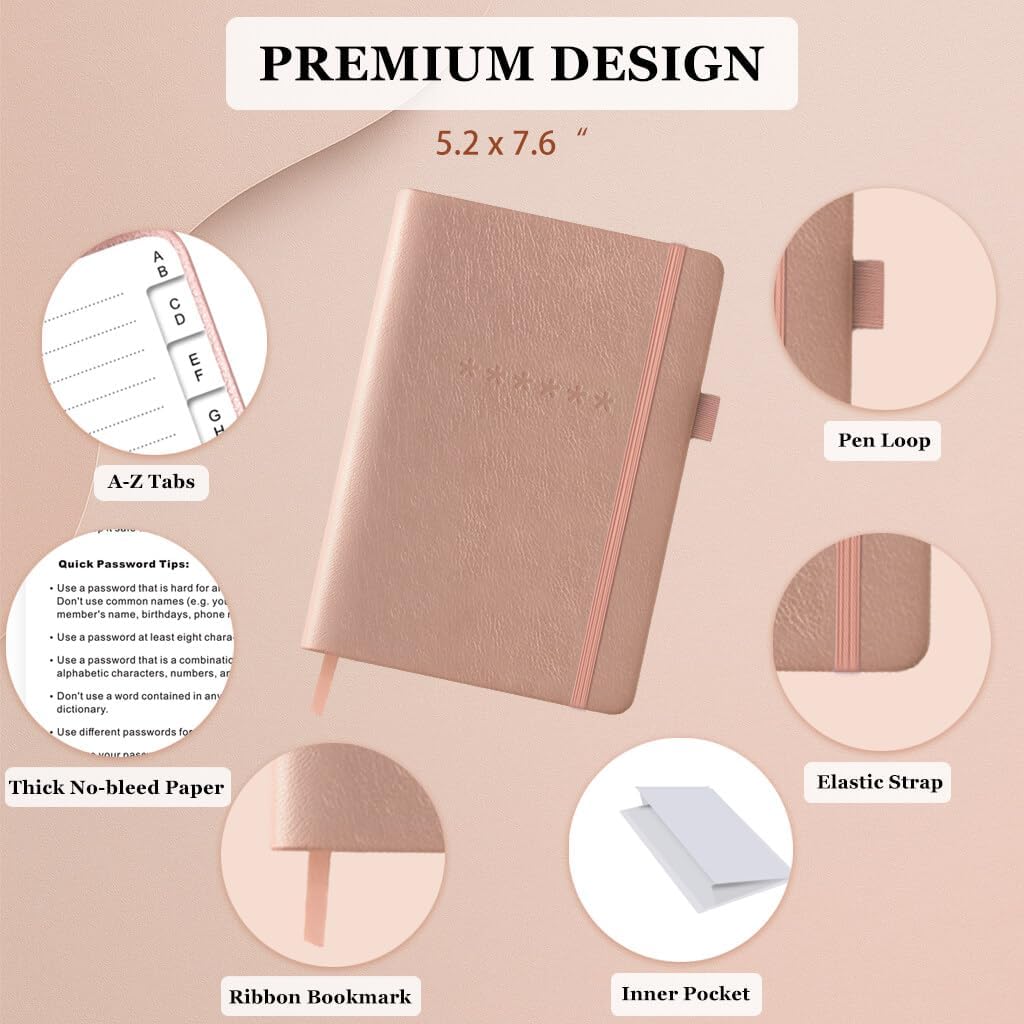 Password Book with Alphabetical Tabs – Hardcover Internet Address & Password Organizer – Password Keeper Notebook for Computer & Website – 5.2 x 7.6" Log-in Password Journal w/Thick Paper (Rose Gold)