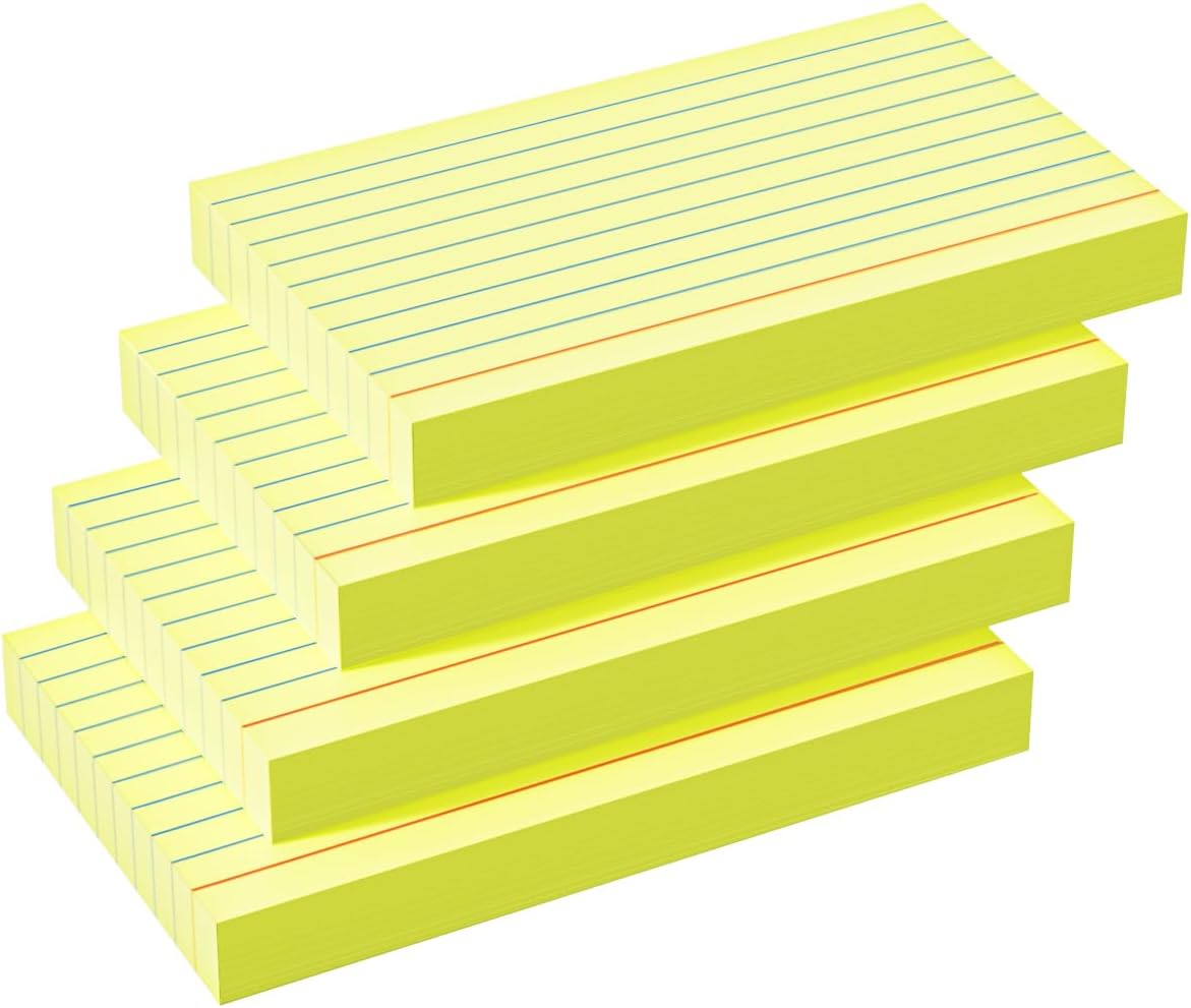 Yellow Index Cards 3x5, 200 Pack, Ruled Index Cards, Flash Cards for Studying, Heavy Note Cards for Office, Home and School, 4 Packs of 50