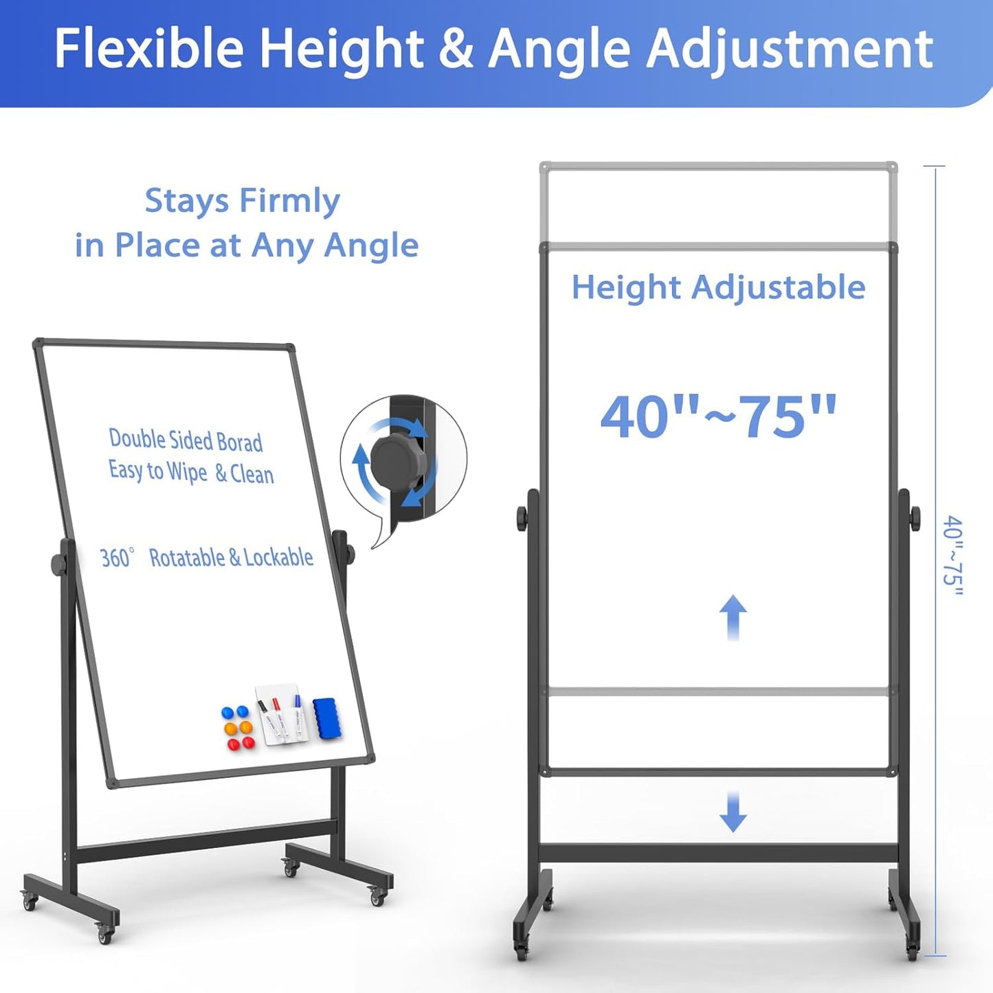 Rolling Whiteboard on Wheels, Double-Sided Magnetic Dry Erase Board with Stand, Mobile White Board for Office, Classroom, Home (28" x 40")