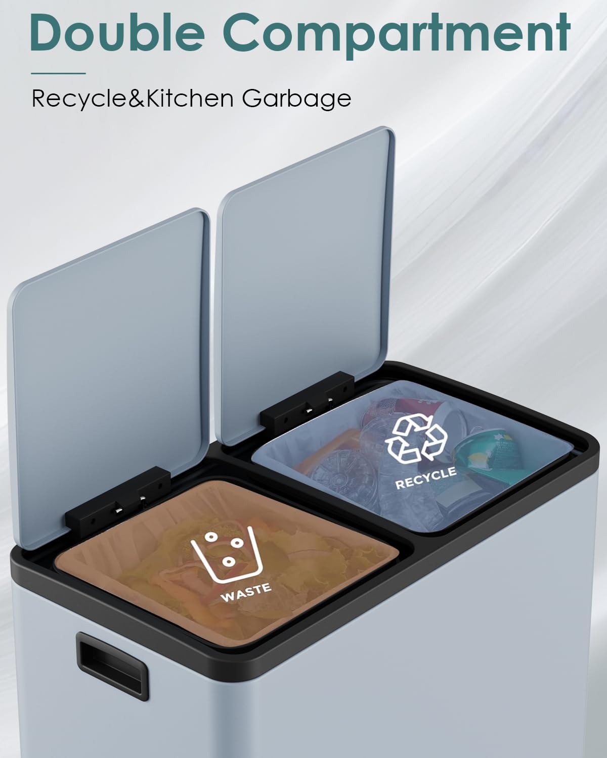 Arlopu 16 GallonStainless Steel Trash Can, 60L Dual Compartment, Metal Kitchen Step Recycle Bin, Metal Double Dustbin, in-Home Garbage Rubbish Can W/Removable Liner Buckets (Haze Blue)