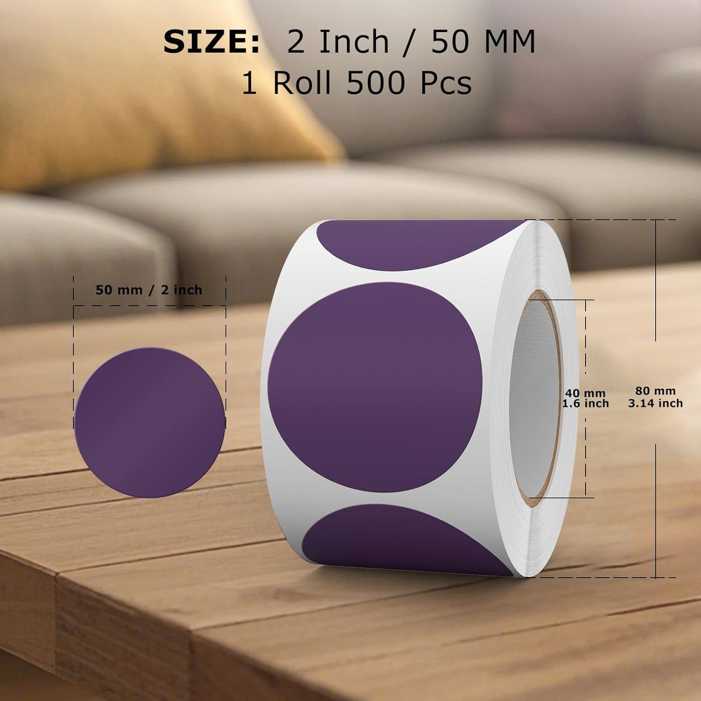 500 PCS Colored Dot Stickers 2 Inch Vinyl Purple Circle Labels Removable Waterproof Color Coding Round Sticker for Office Inventory Garage Yard Sale Tag
