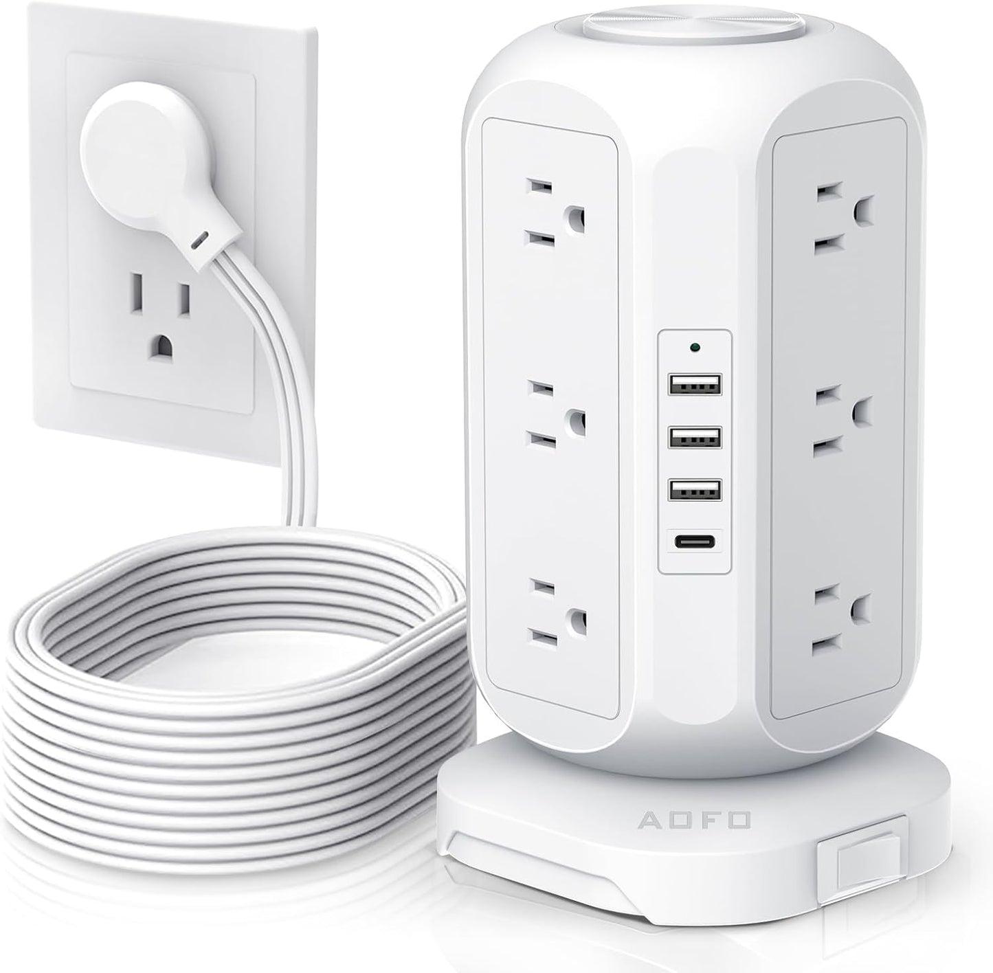 15 ft Long Extension Cord Power Strip Tower,AOFO Surge Protector 12 AC Outlets 4 USB(1 USB C) Ports, Charging Tower Overload Protection with Multiple Outlets for Home Dorm Office