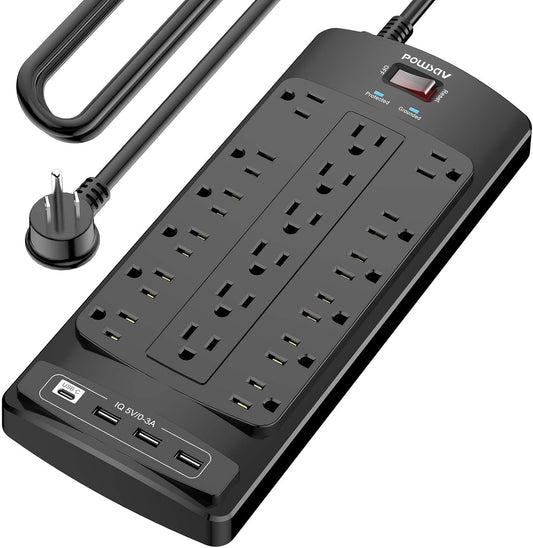 18 Outlets Surge Protector Power Strip - 15 Feet Flat Plug Heavy Duty Extension Cord with 18 Widely Outlets and 4 USB Ports, 2100 Joules, Black, ETL Listed