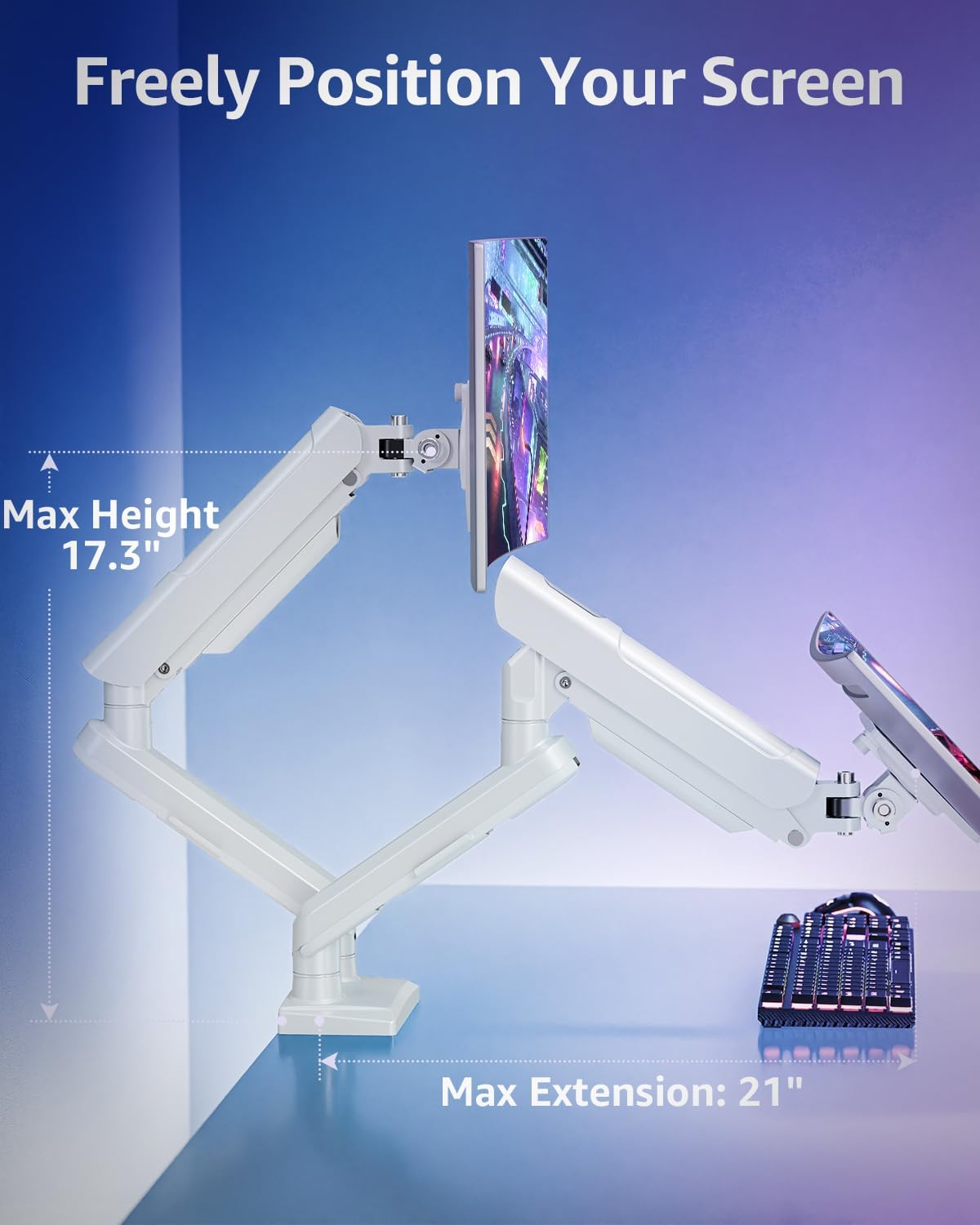Dual Monitor Mount for 32 27 24 22inch Screens, Gas Spring Monitor Stand for 2 Monitor, Full Adjustable Monitors Desk Mount with C-Clamp＆Grommet Base, Each Arm Holds 4.4-22 lbs, Freelift Pro White