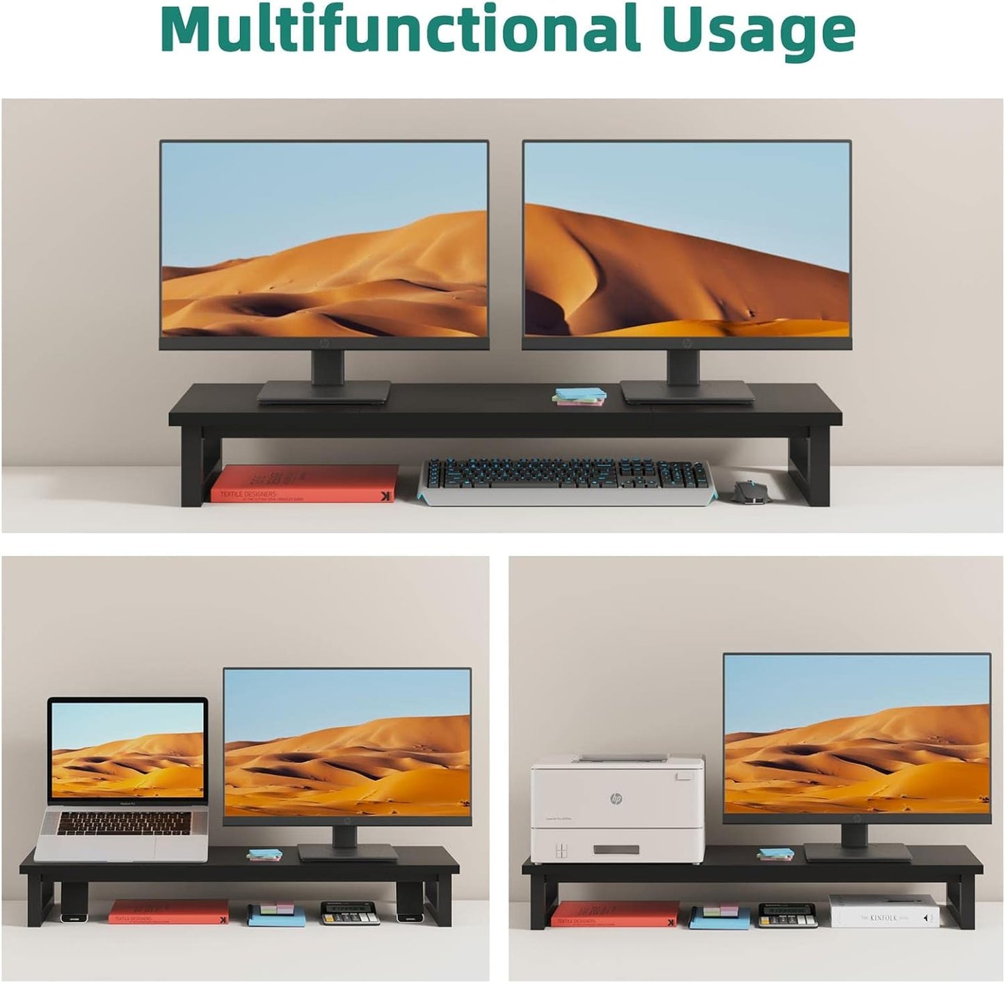 Dual Monitor Stand Riser, 39Inch Large Monitor Stands for 2 Monitors, Computer Monitor Stand, Wooden Desktop Oraganizer Shelf for Office Desk Computer,Laptop,TV