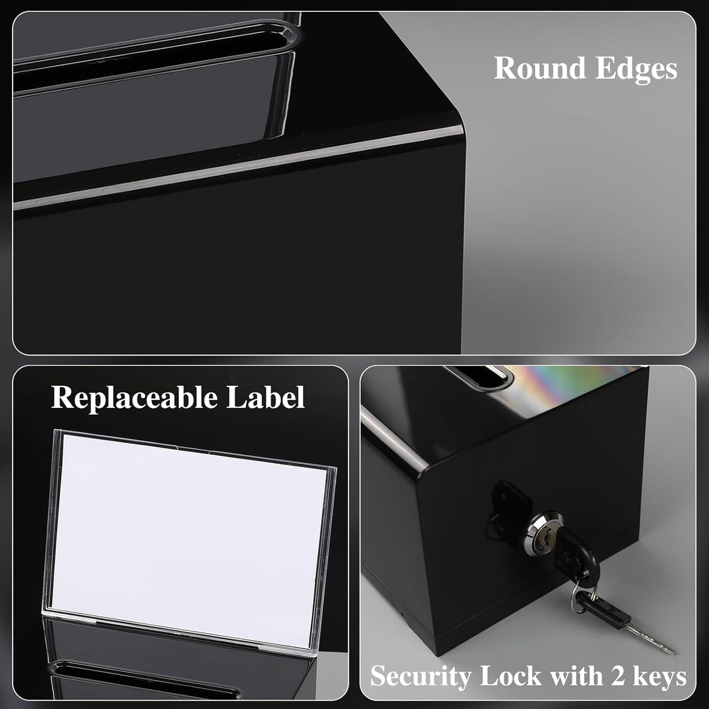 VOISEN Acrylic Donation Box with Lock, 3 Pack Black Ballot Box with Sign Holder, Tip Jar for Fundraising, Donation, Bar, School Voting, 6.2x4.6x3.9 Inch