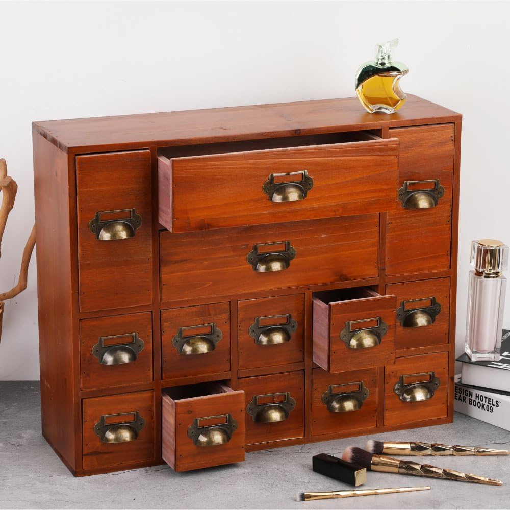 Apothecary Drawers Card Catalog Cabinet with 14 Drawers Wooden Card Catalog Wooden Storage Box for Desktop Organizer (Brown)