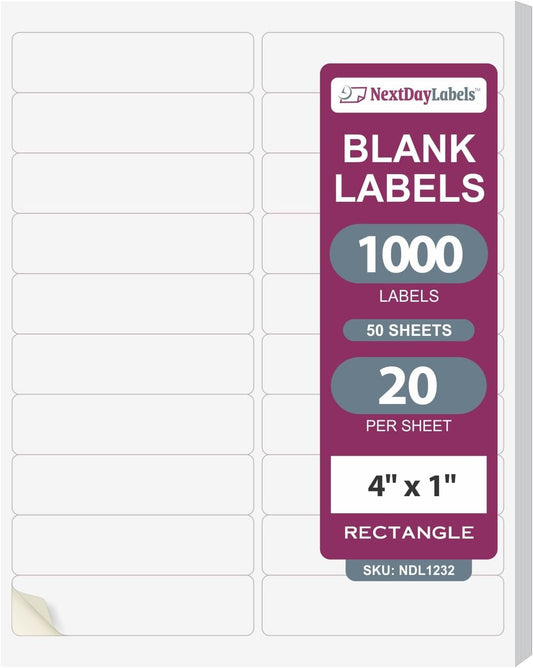 NextDayLabels – 4” x 1" Rectangular Sticker Labels for Printer - White Laser/Inkjet Printer Labels Return Address Labels Shipping Label Stickers (50 Sheets, 20 Per Sheet, 10000 Labels)