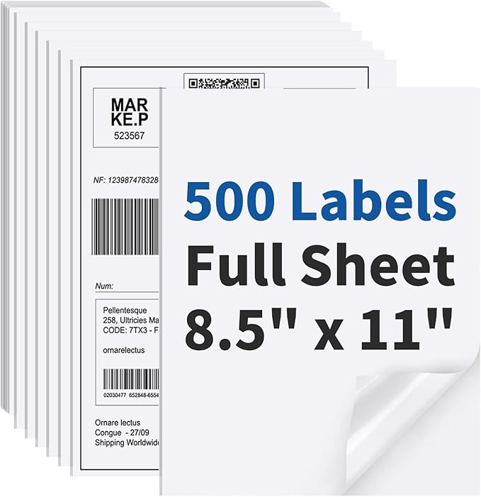 500 Sheets Sticker Paper Matte White, 8.5" x 11" Label Paper for Laser & Inkjet Printer, Full Sheet Label for Shipping Address Mailing