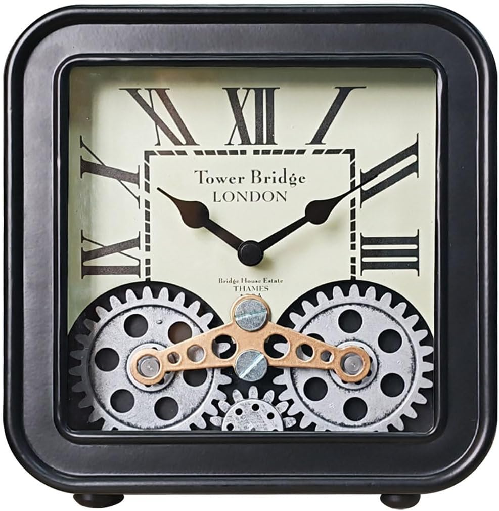 Desk Clock Vintage Metal Table Clocks with Moving Gears, Silent Retro Industrial Steampunk Quartz Small 6 inch End Table Clock for Home Office Living Room Decor Battery Operated (Black)