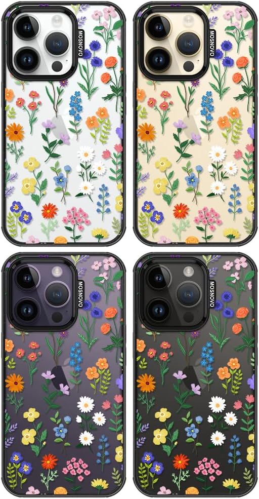 MOSNOVO Case for iPhone 14 Pro, [10ft 4X Military-Grade Drop Protection] Durable & Shockproof Phone Case Cover Design for iPhone 14 Pro - Botanical Floral - Clear Black