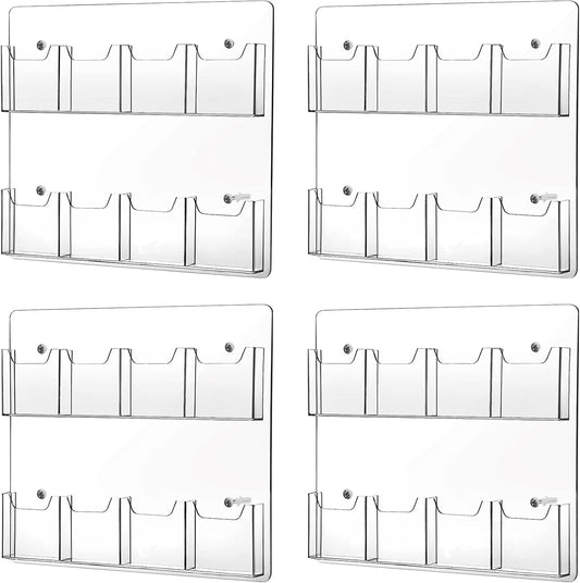 Weysat 4 Pcs Acrylic Brochure Holder Wall Mount 8 Pockets Pamphlet Holder 4" Wide Clear Plastic Trifold Flyer Display Stand Multi Slot Literature Postcard Rack Hanging Rack for Offices Waiting Room