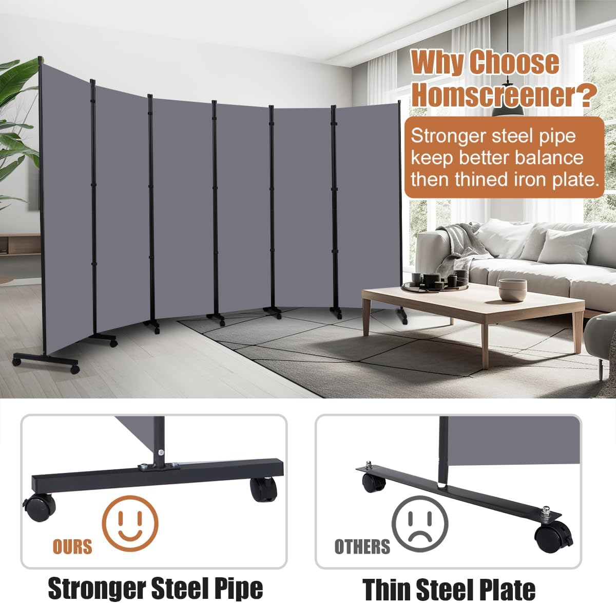 Room Divider Portable 132'' Partition Room Dividers and Folding Privacy Screens 6 Panel Wall Divider for Room Separation, Freestanding Fabric Room Divider Panel with Wheels for Home Office Hospital
