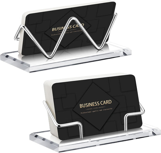 Amyhill 2 Pieces Acrylic Business Card Holder for Desk Clear Horizontal Business Card Display Stand Postcard Holder for Office Home Desktop (Silver)
