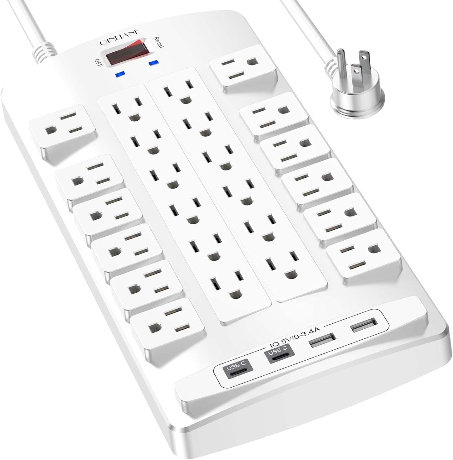 QINLIANF Surge Protector Power Strip - 6Ft Flat Plug Heavy Duty Extension Cord with 24 Outlets and 4 USB Ports(2 USB-C Ports), 1875W/15A, 4100J, for Home, Office, Dorm, ETL Listed, White