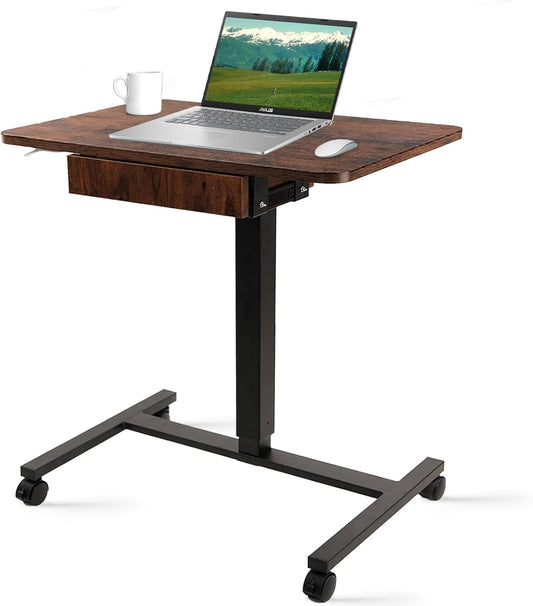 CLATINA Mobile Laptop Standing Desk, Height Adjustable Teacher Podium with Lockable Wheels, Adjustable Work Table with Drawer, Computer Cart Overbed Table for Home Office Classroom, Brown