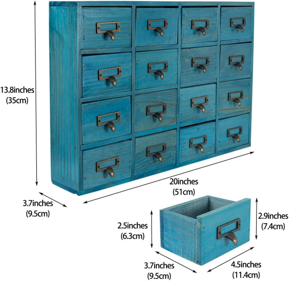 16 Drawers Apothecary Cabinet with Drawers Tabletop Apothecary Chests and Cabinets Library Card Catalog Cabinet Herb Storage Box Wooden Desk Drawer Organizer Medicine Vintage Furniture (BLUE)