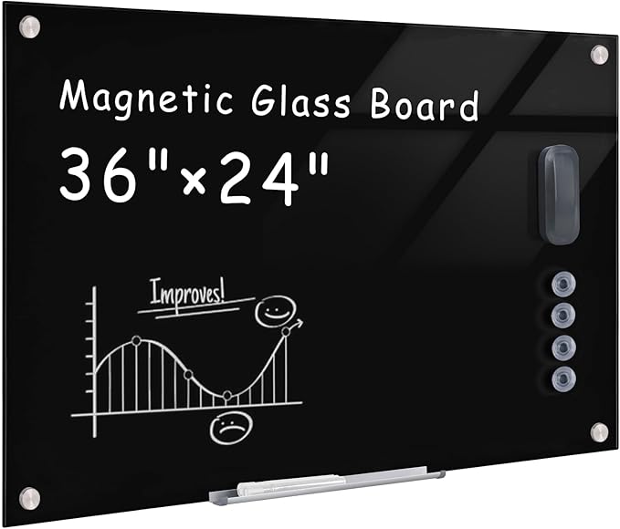 Magnetic Glass Whiteboard，36"x24" Wall Mounted Frameless Dry Erase Board for Office, Home & School Black
