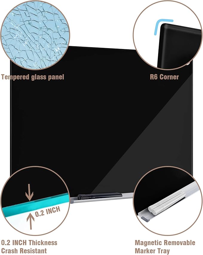 Magnetic Glass Whiteboard，36"x24" Wall Mounted Frameless Dry Erase Board for Office, Home & School Black