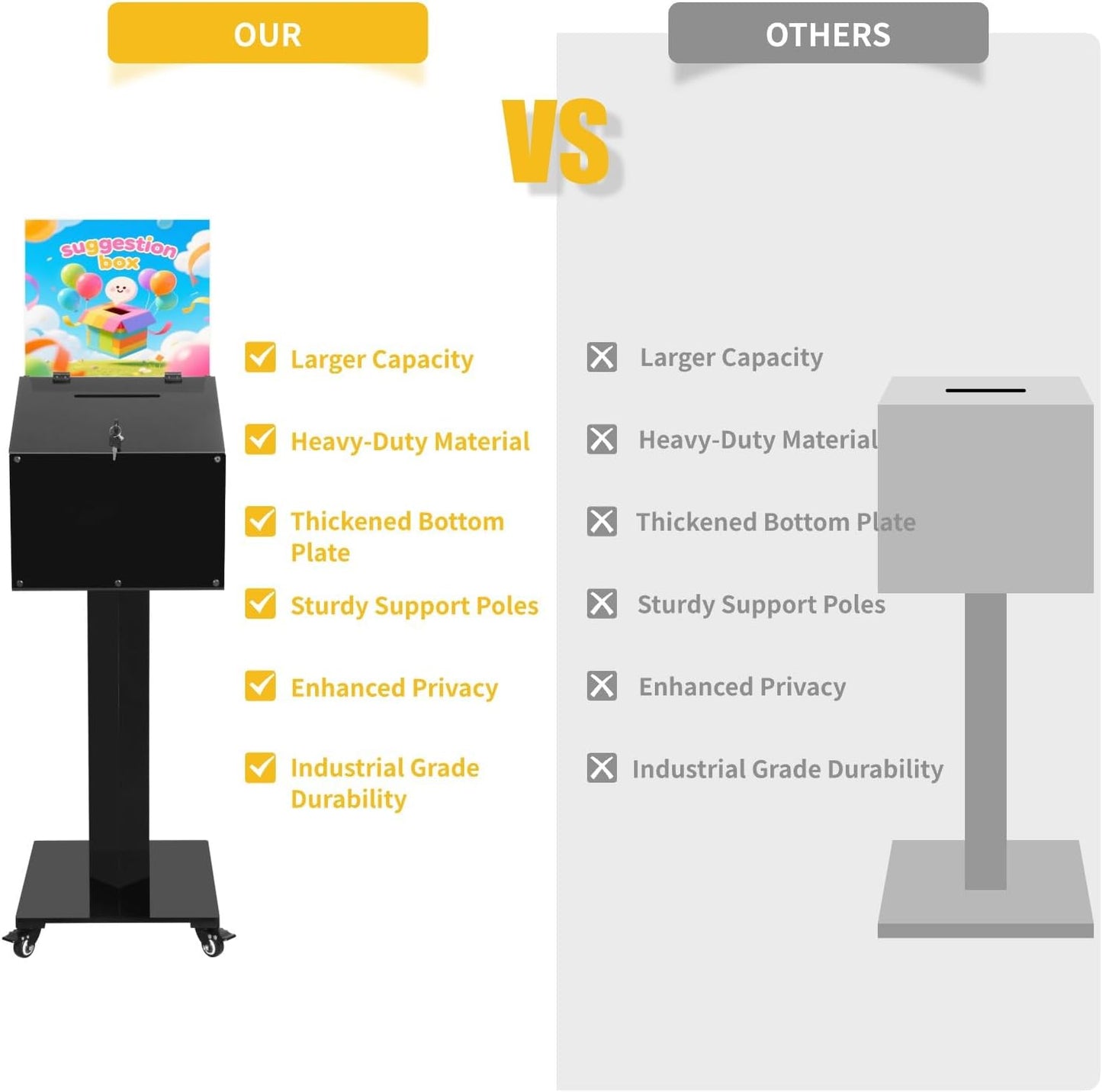 Large Acrylic Donation Box with Stand, Suggestion Box for Church, Drawing Raffle with Key&Lock, for Collection Fundraising, Offering, Ballots, Feedback, Black