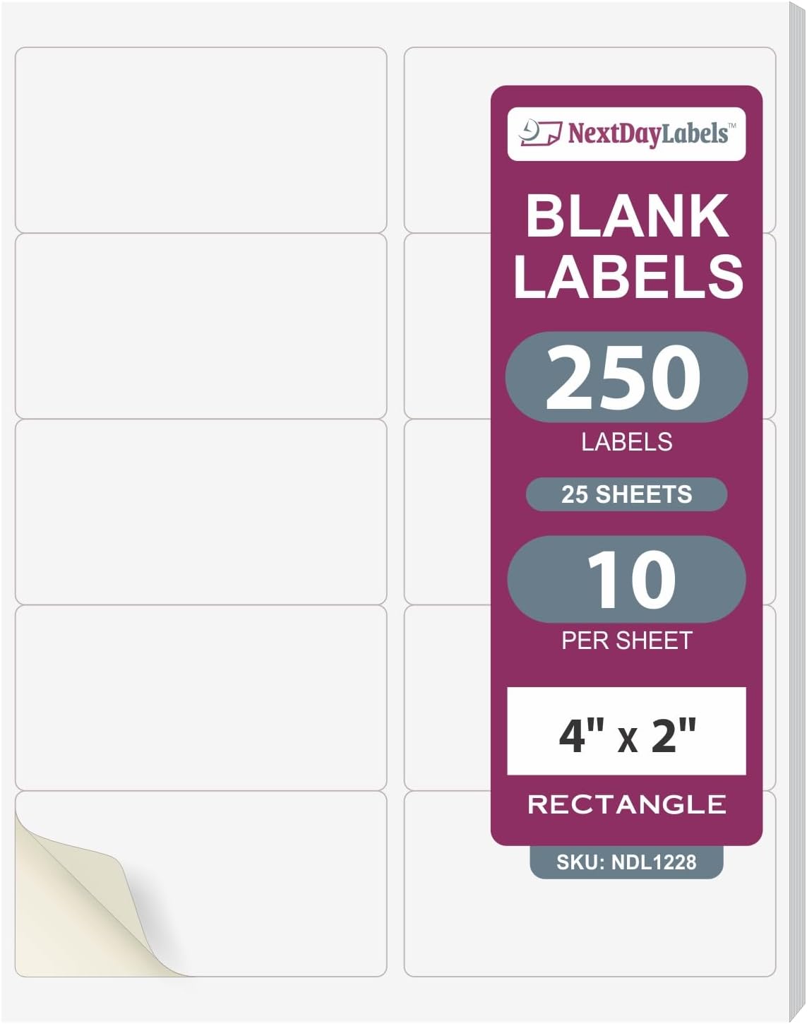 NextDayLabels – 4” x 2” Rectangular Sticker Labels for Printer - White Laser/Inkjet Printer Labels Return Address Labels Shipping Label Stickers (25 Sheets, 10 Per Sheet, 250 Labels)