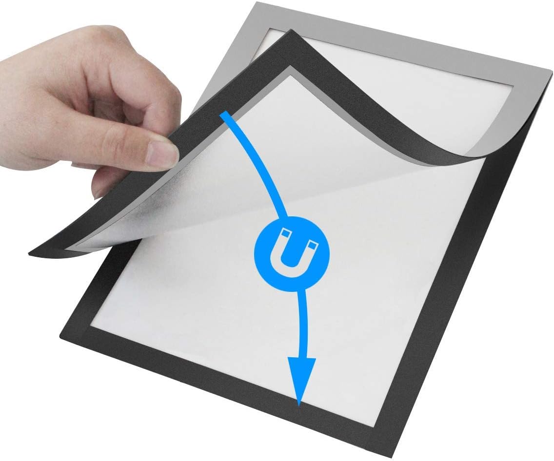 Document Sign Holder Pockets with Magnetic Back, Plastic Poster Picture Notice Display Frame for Fridge/Whiteboard/Chalkboard/Cabinet, 8.5 x 11.6 Inches, Silver, 12 Pcs