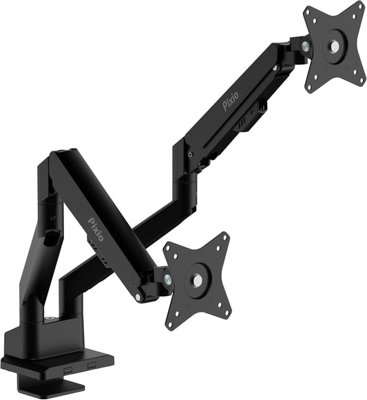 Pixio PS1D Wave Black Dual Monitor Arm Stand Desk Mount - Fits up to 32 inches Monitors and up to 19.8lbs. VESA Compatibility and Integrated Cable Management