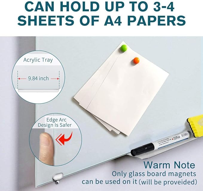 Magnetic Glass Whiteboard - Glass Dry Erase Board 48"x30" Large Frameless Tempered Glass Board for Walls Office School and Home