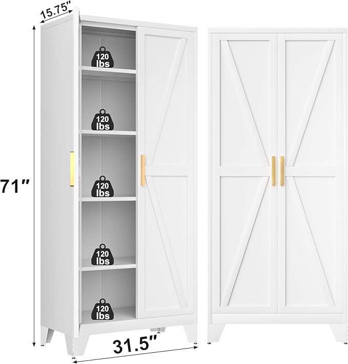 71H Tall Metal Storage Cabinet with 2 Doors and 5 Shelves,Farmhouse Storage Cabinet with Barn Doors,Pantry Storage for Home,Office,Dining Room,Kitchen,Bathroom(White)