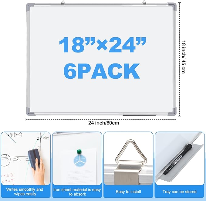 Tinlade 6 Pack Magnetic Dry Erase Whiteboard Message Presentation White Board White Board Dry Erase Aluminum Frame Hanging Whiteboard for School Home Office (18 x 24 Inches)