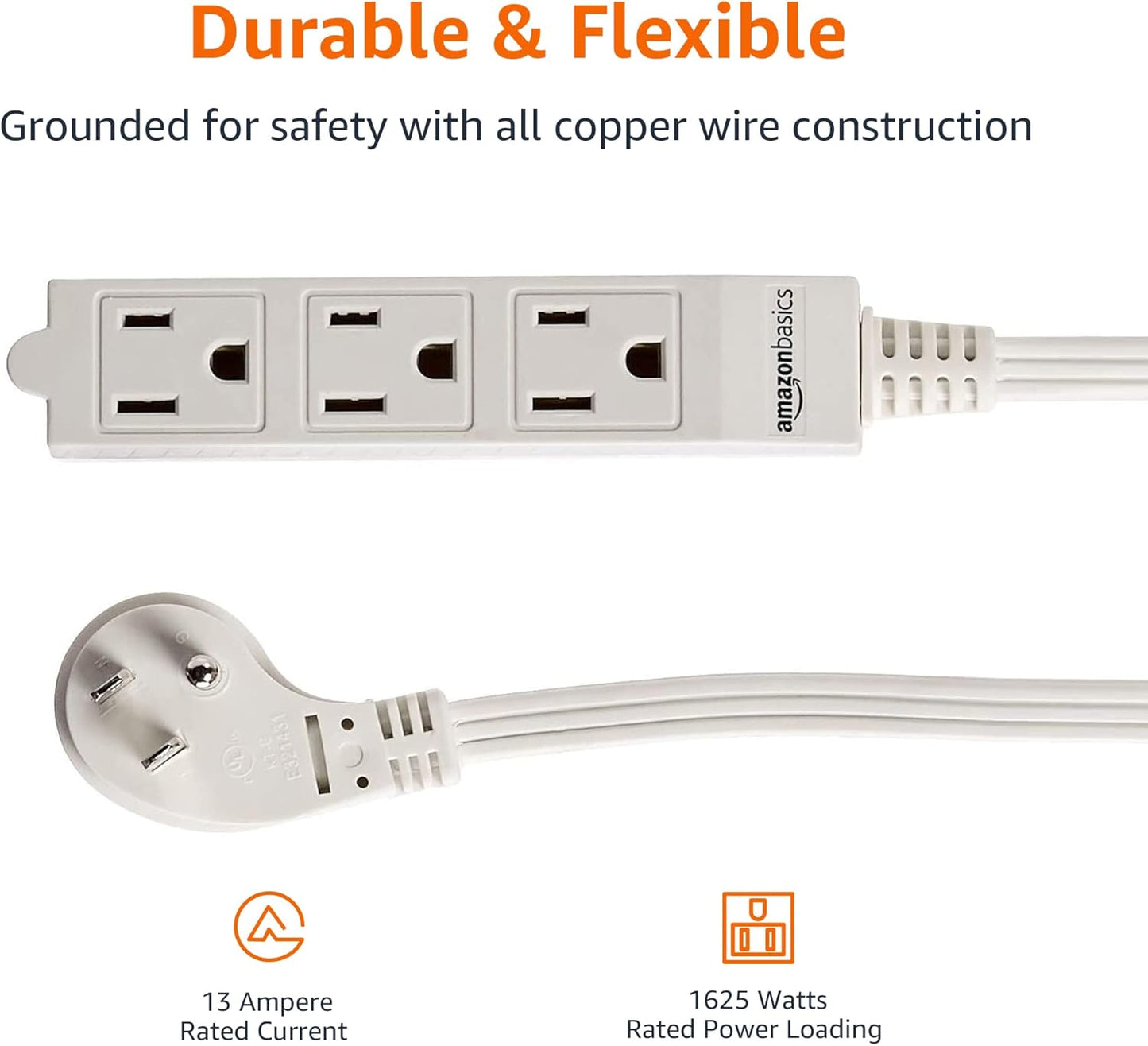 Amazon Basics 3-Prong Indoor Rectangle Extension Cord Power Strip, Flat Plug, Grounded 13 Amps, 1625 Watts, 125 VAC, 2-Pack, 3 ft, White