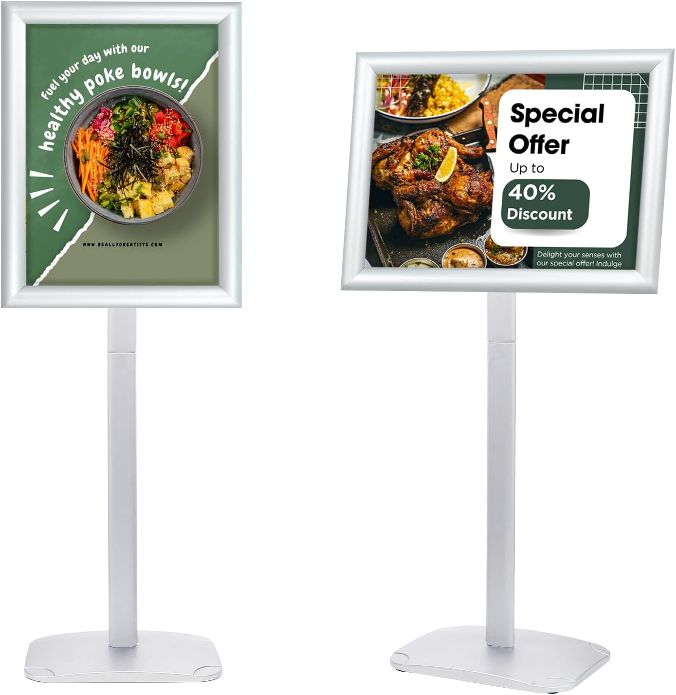 Heavy Duty Pedestal Sign Holder for Display, 11 x 17 inches Adjustable Floor Standing Sign Holder with Weighted Base , Vertical and Horizontal View Sign Stand for Indoor/Outdoor Advertising，Silver