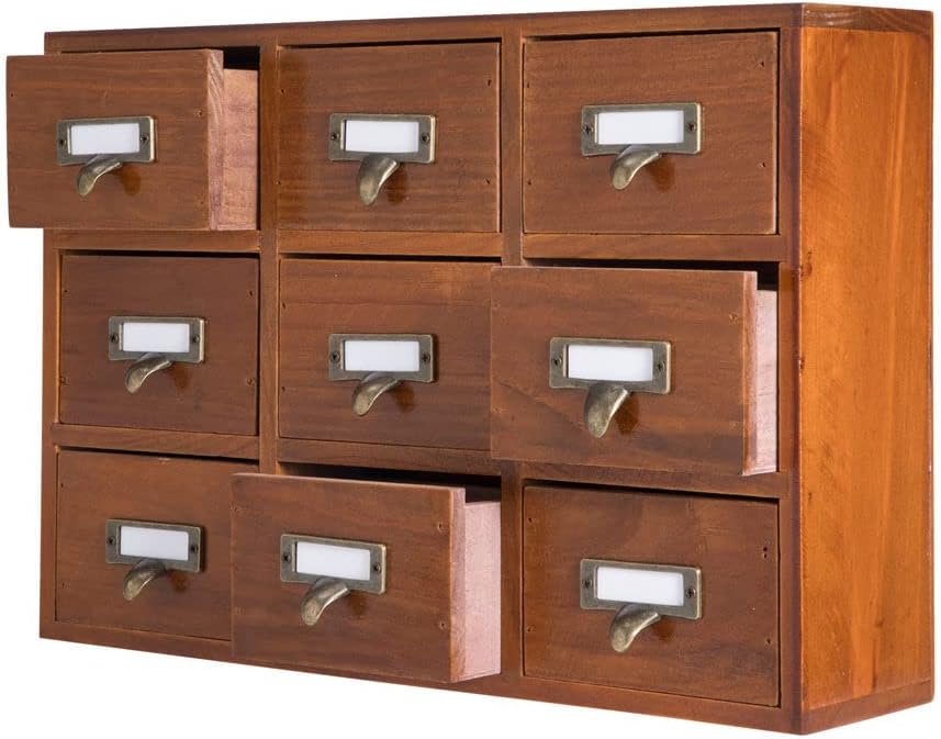 9 Drawers Library Card Catalog Cabinet with Labels Apothecary Cabinet Tabletop Apothecary Chests and Cabinets Herb Storage Box Wooden Desk Drawer Organizer Medicine Vintage Furniture(Brown)