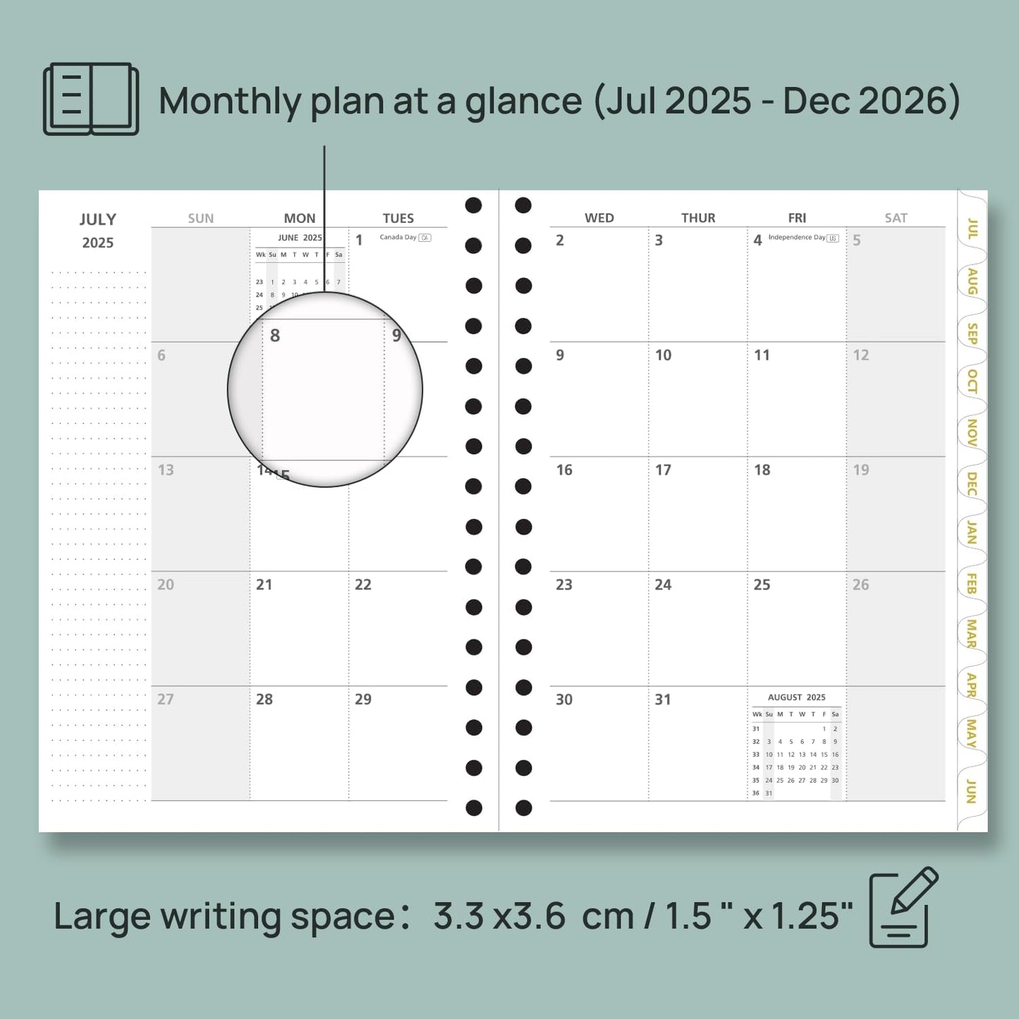 POPRUN Monthly Planner 2025-2026 Spiral Hardcover (6.25'' x 8.5''), 18 Months Calendar (Jul.2025 - Dec.2026)- 2 Pages per Month with Dotted Note Pages, Sunday Start, Laminated Tab - Orange