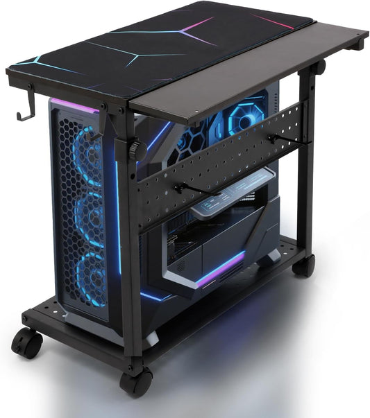 KEBE Wider Tower Stand, Height Adjustable Computer Tower for Gaming Home Office, 2-Tier PC Stand Printer Rack ATX-Case CPU Holder Cart with Wheels & Mouse Pad, Black