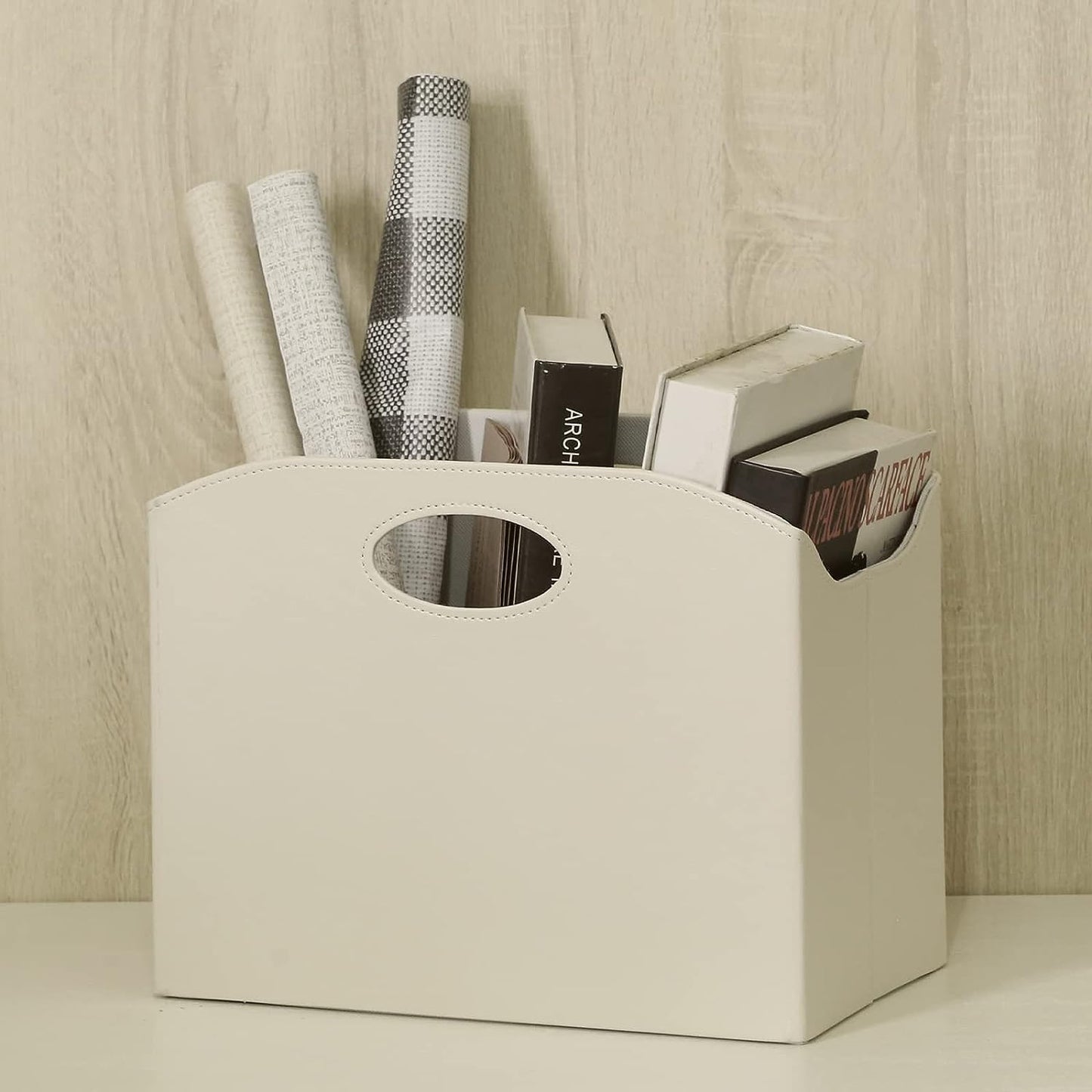 EZDeco Magazine Holder Foldable Magazine Rack Floor PU Leather File Holder Newspaper Book Storage Basket Document File Folder Organizer for Office Home (Off-white-2)