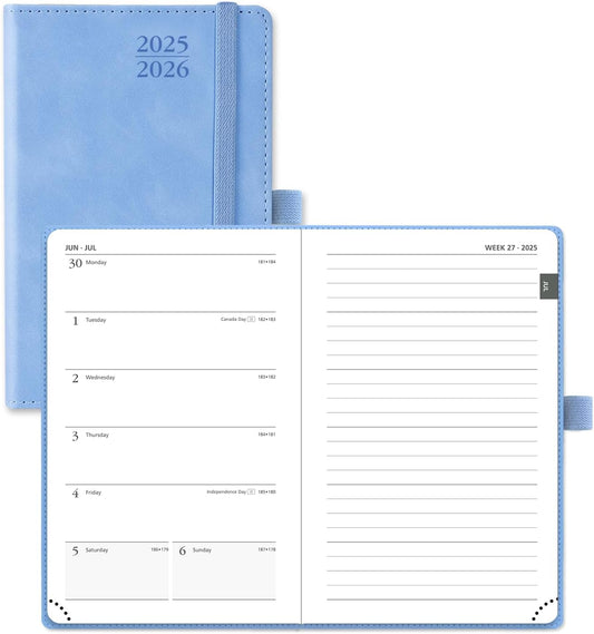 POPRUN Planner 2025-2026 Weekly Notebook for Purse(Pocket Size 4''x 6.25'') Small Academic Calendar (JUL.25 - JUN.26) with Monthly Tabs, Leather Soft Cover, Inner Pocket, 100 GSM - Cerulean Blue
