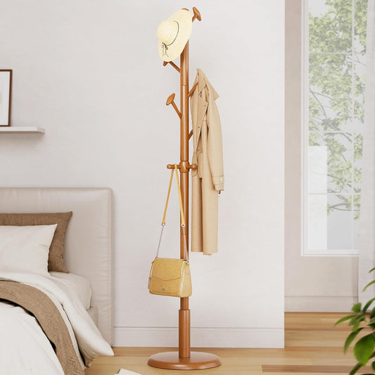 Solid Wood Coat Rack Freestanding Coat Tree with 10 Hooks for Bedroom, Livingroom, Entryway, Sturdy Coat Hanger Stand for Hats, Coats, Scarves, Handbags, Purses