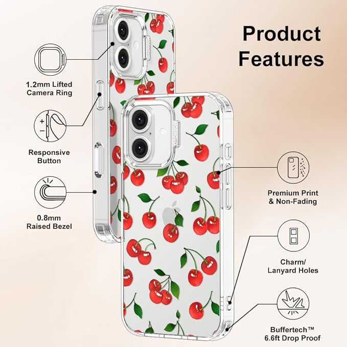 MOSNOVO Case for iPhone 16 Plus, [Buffertech 6.6ft Military-Grade Drop Protection] [Anti Peel Off Tech] Clear TPU Bumper Phone Case Cover Design - Cute Cherry